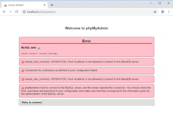 Mysqli_real_connect () hy000 1130 ) host is not allowed to connect to this mysql server