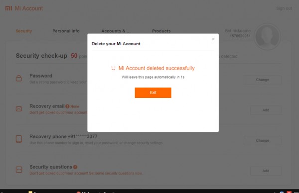 Mi Account Deletion Confirmation
