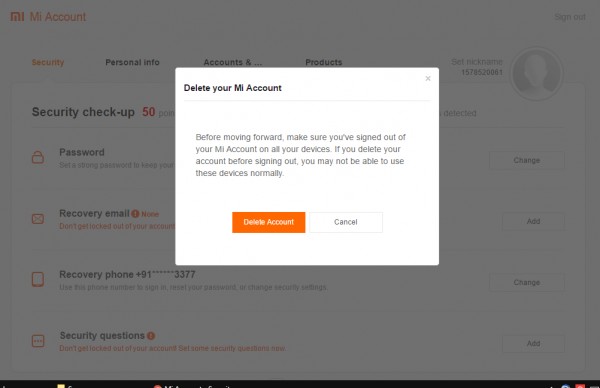 Xiaomi Account Delete