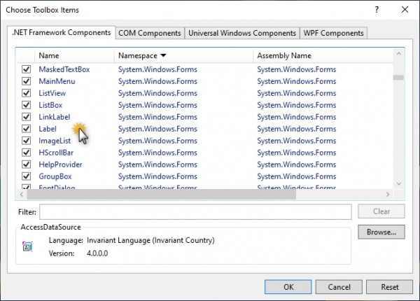 Choose Toolbox Items from Visual Studio Basic
