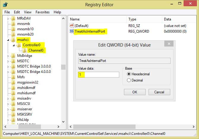 Regedit for setting to treat the internal drive as external one